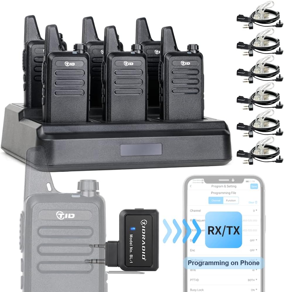 TIDRADIO TD-M8s Radios Walkie Talkies Rechargeable Two Way Radio (6 Pack) License-Free FRS Radio with 6 Way Multi Gang Charger Wireless Programmer 2 Way Radio with Earpieces…