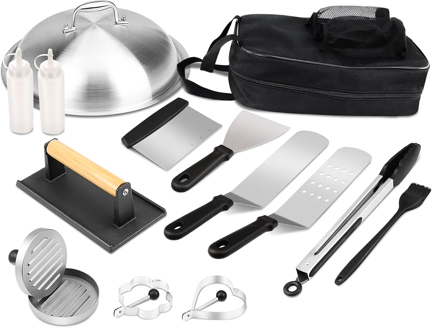 Hisencn Griddle Tool Set, Flat Top Grill Accessories Kit for Camp Chef and Blackstone with 304 Melting Dome Lid, Spatulas, Scraper, Egg Rings, Burger Press Carrying Bag and Squirt Bottles For BBQ Gift