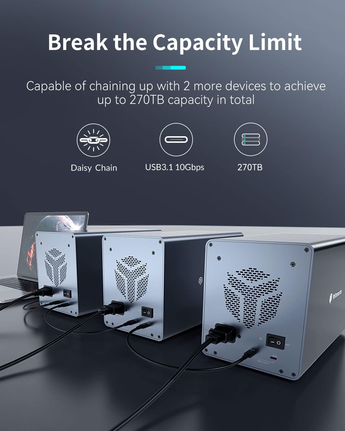 Yottamaster 5 Bay Hard Drive Enclosure Daisy Chain, 10Gbps Type-C External HDD SSD Storage Enclosure,Support 5x18 TB Capacity - USB C Daisy Chaining to 2 USB Devices for up to 270TB Capacity [FS5C3]
