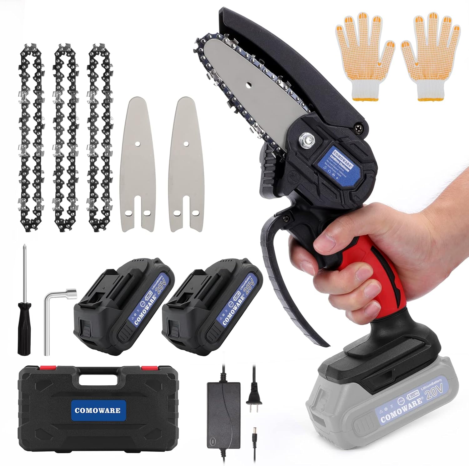COMOWARE Mini Chainsaw Cordless, 4 Inch Handheld Electric Small Chainsaw with 2Pcs Batteries and 3Pcs Chains, One-Handed Portable Mini Chainsaw Battery Powered for Tree Branches Trimming Pack of 2