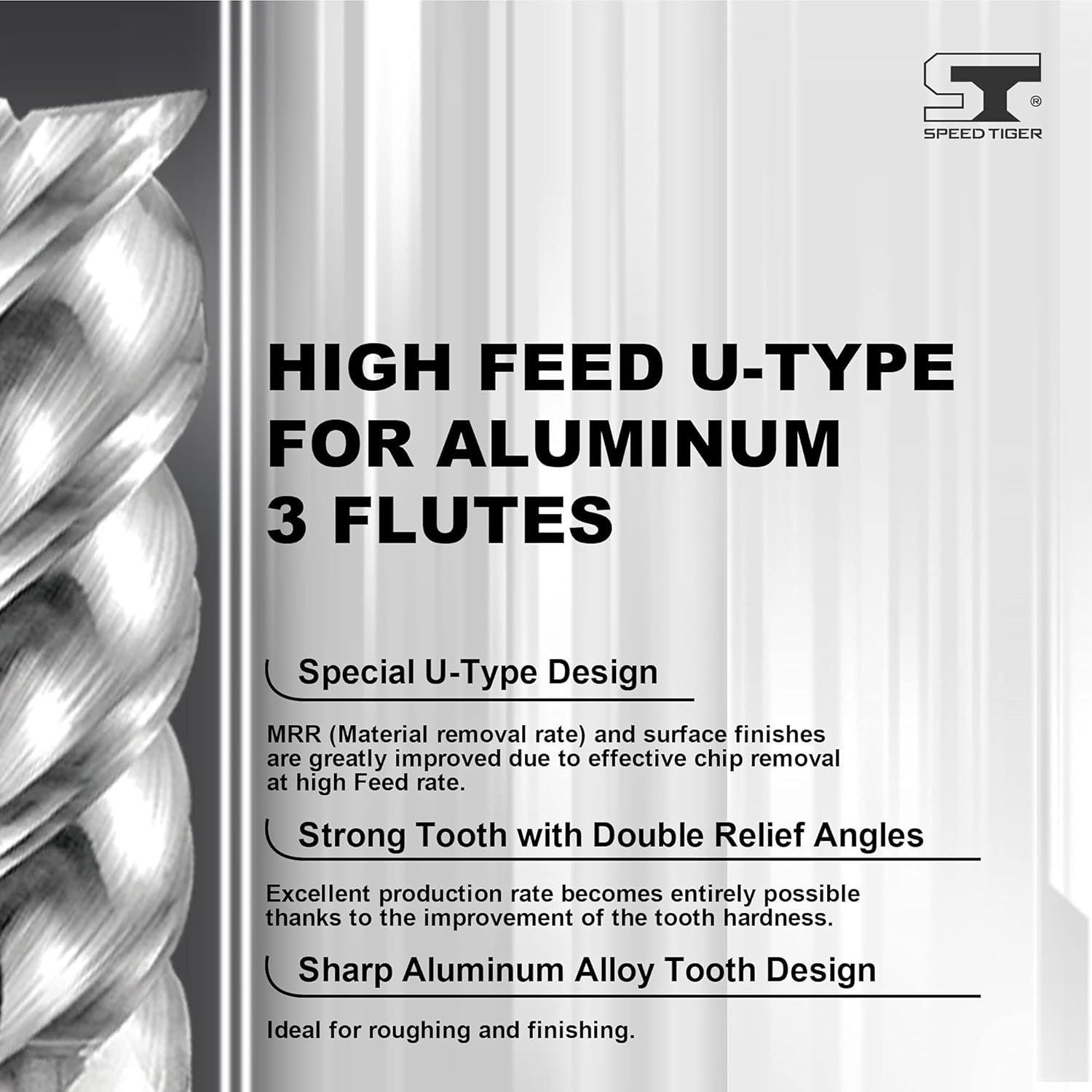 SPEED TIGER IAUE Carbide Square End Mill for Aluminum Applications - High Feed U-Type Design - for Roughing and Finishing - 3 Flute - IAUE1/4