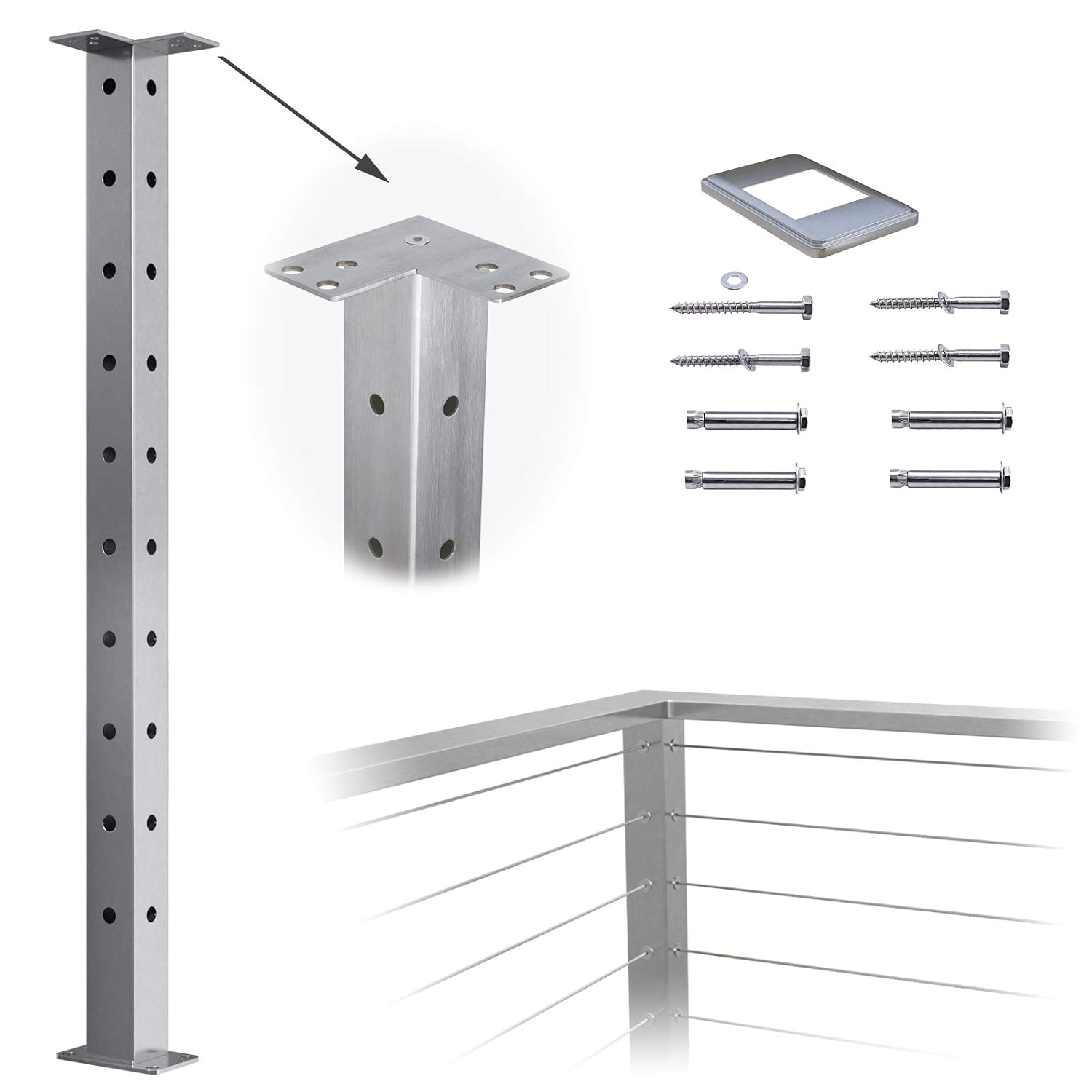 Muzata Cable Railing Corner Post Square Weldless Flat top 36