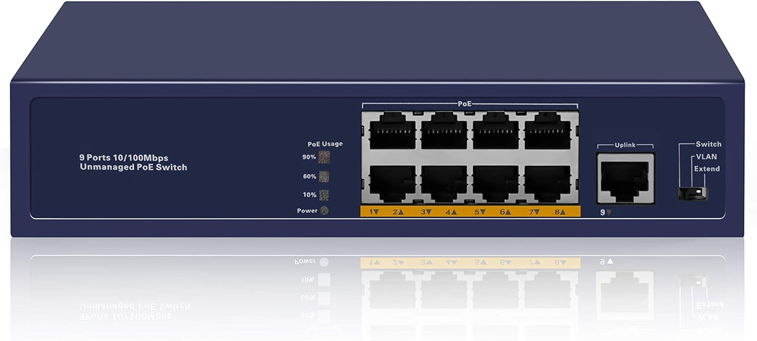 Huacomm 8 Port PoE Switch with Full PoE+ Ports Plug-and-Play Desktop for IP Camera Access Points IP Phone Metal Housing Ethernet Extended Unmanaged IEEE 802.3af/at 96W HC1709P Pack of 2