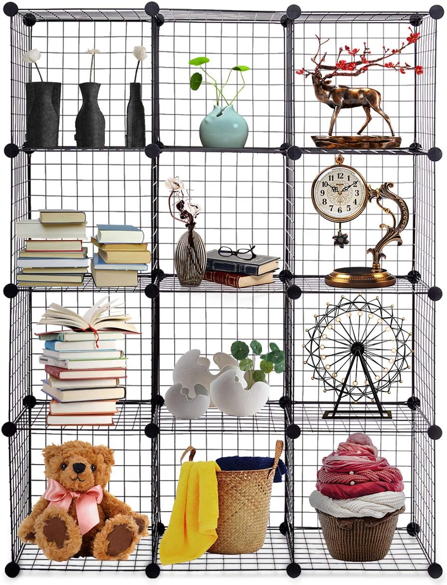 HAPPYGRILL 12-Cube Metal Wire Storage Cubes, Free Standing Modular Shelving Grids, Customizable Metal Rack Bookcase DIY Storage Organizer (42