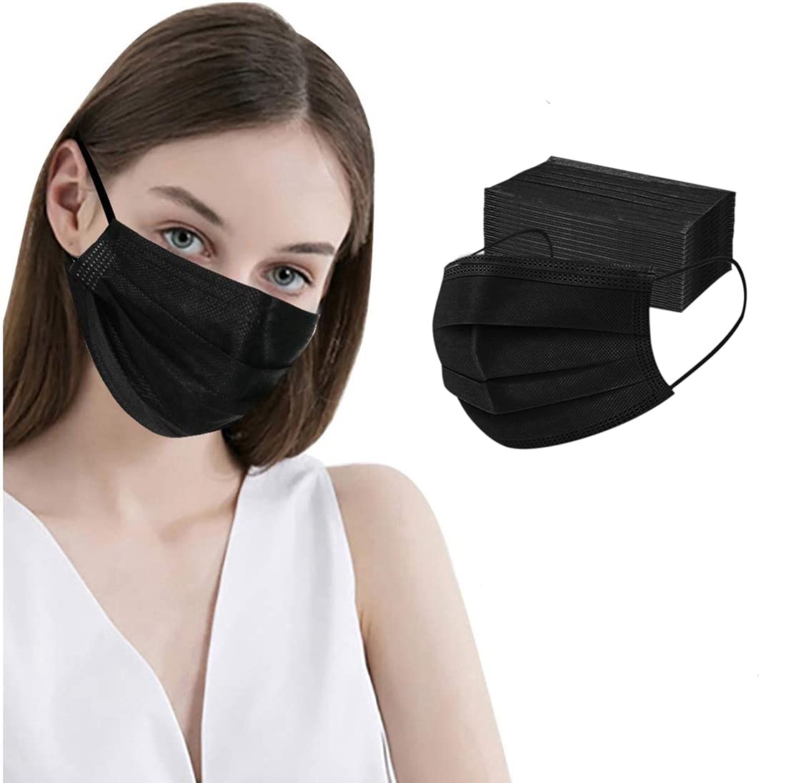 500pcs Disposable Black Mask,3-Ply Face Masks with Earloops