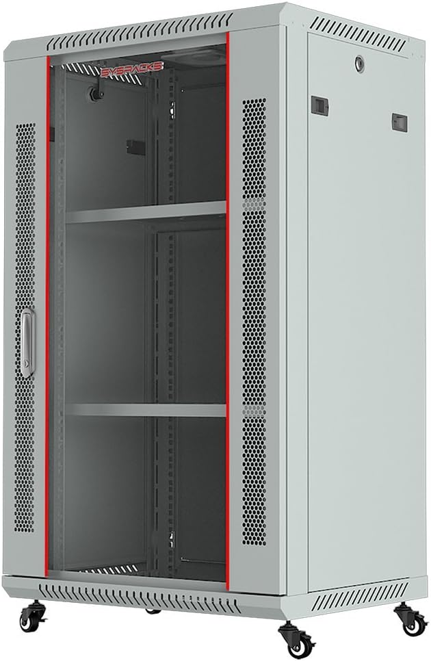 Sysracks 18U Wall Mount Gray IT Network Av Data Server Rack Cabinet Enclosure 24 Inch Depth - 2 Shelves - 8-Way PDU - Fan - Casters - Hardware