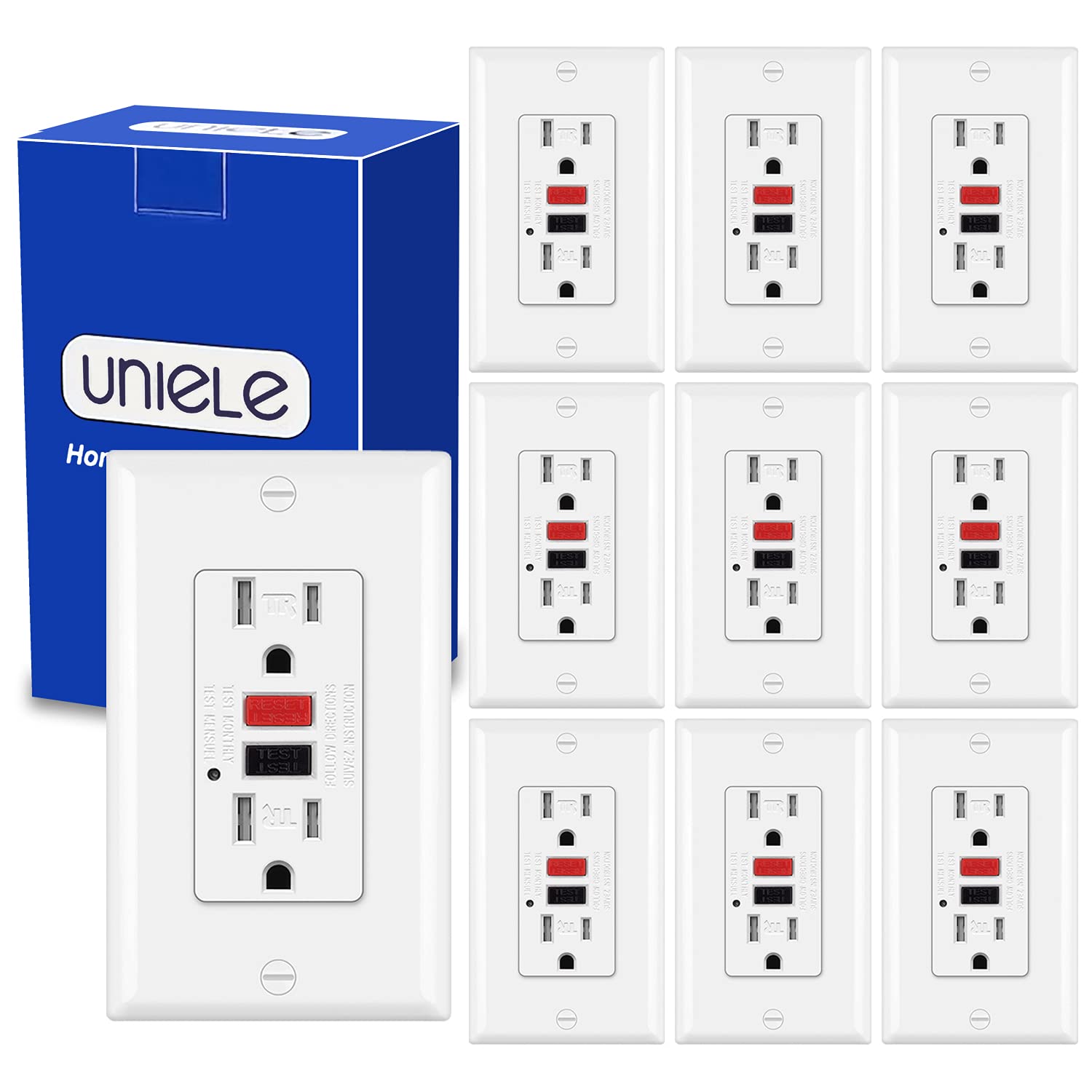 (10 Pack) UNIELE GFCI Receptacle Outlet, 15 Amp Tamper-Resistant (TR) Ground Fault Circuit Interrupter, GFI Outlets with LED Indicator