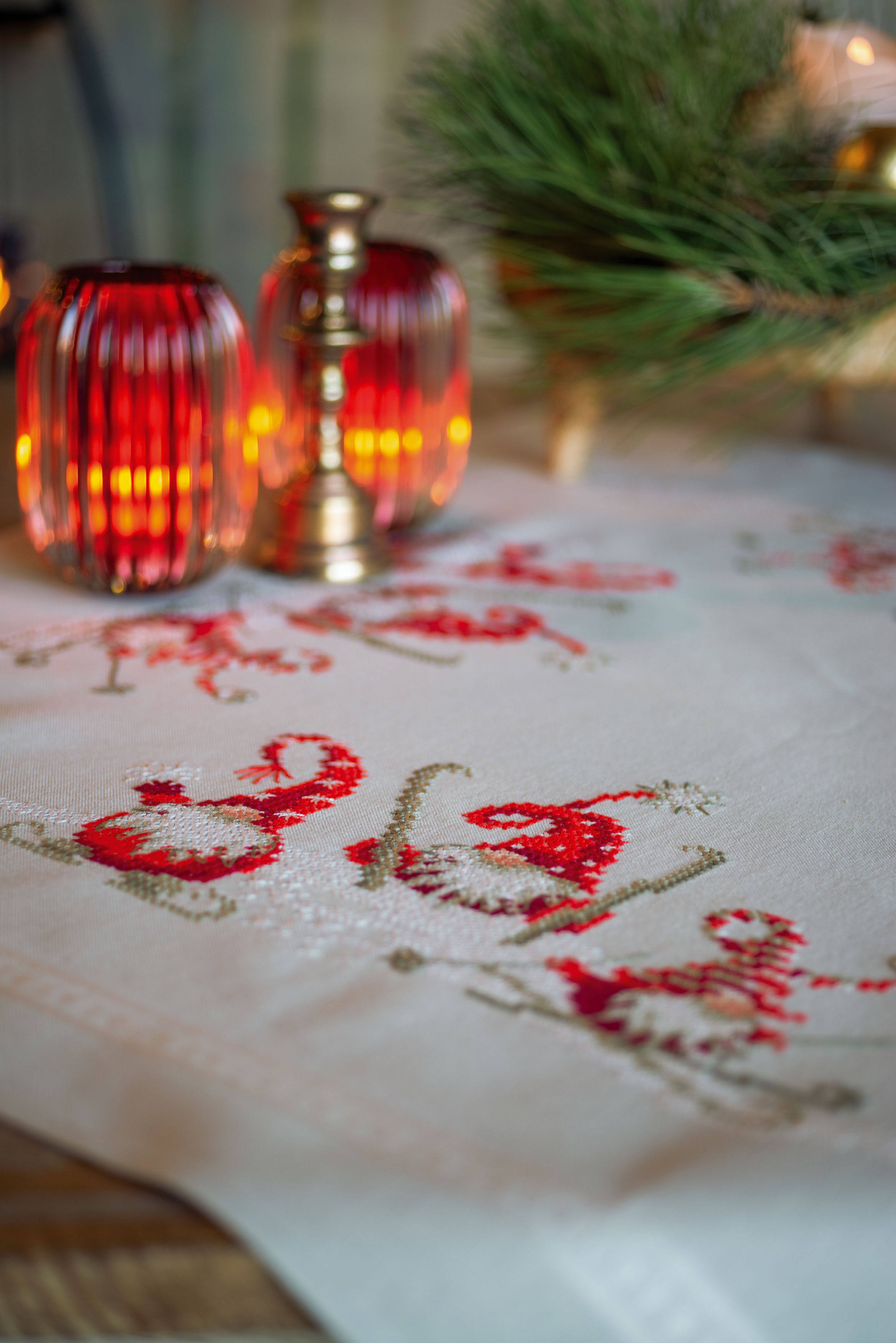 Vervaco Stamped Tablecloth Embroidery Kit 32 inchx32 inch-Christmas Gnome Skiing, Other