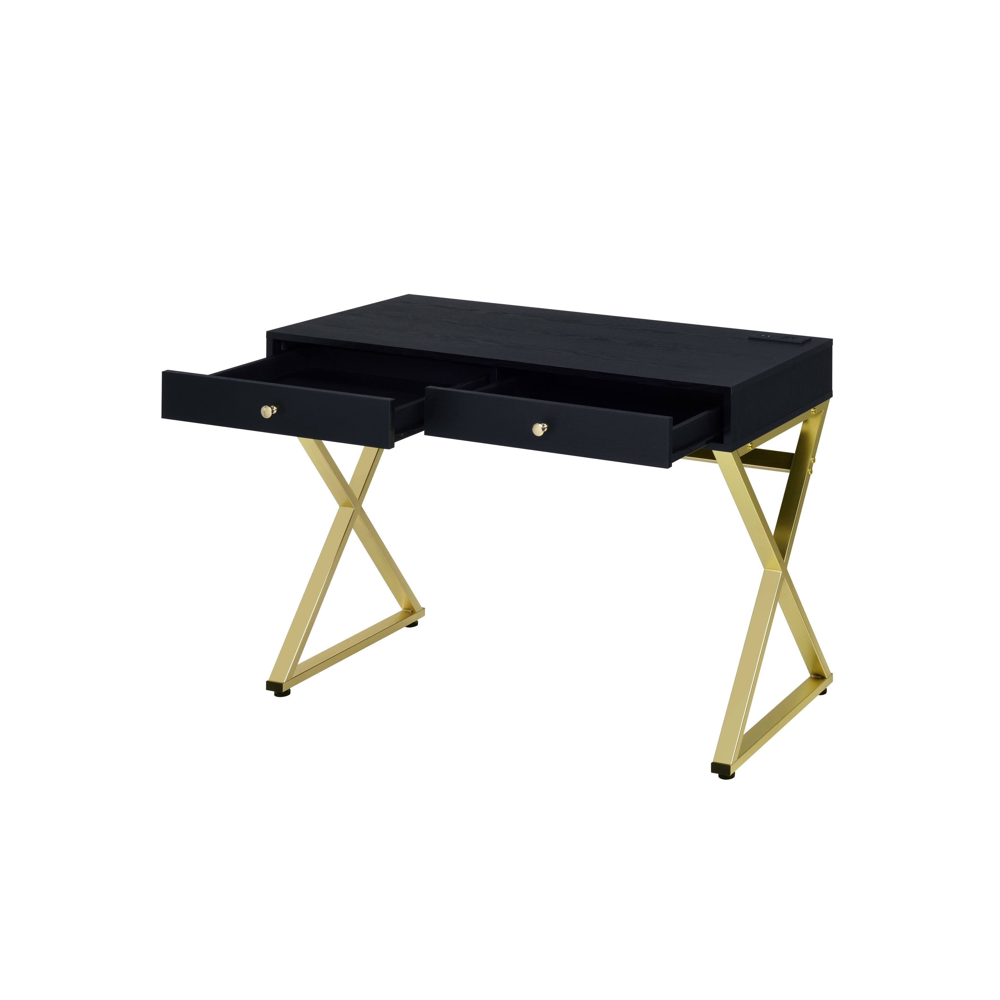 Acme Coleen Built-in USB Port Writing Desk, Black u0026 Brass Finish 93050