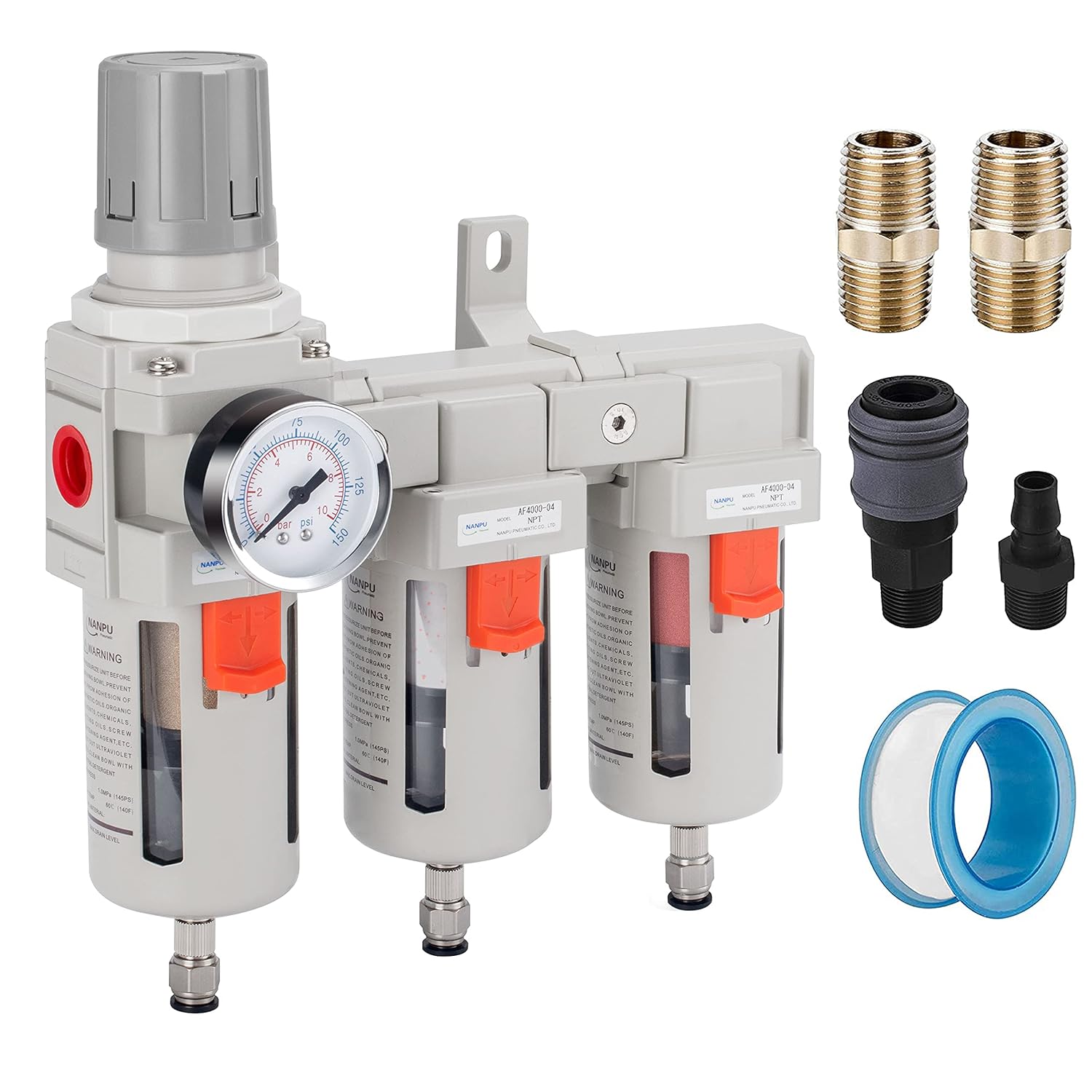 NANPU Three Stage Air Drying System - 5 Micron Particulate Filter, 0.5＆0.01 Micron Coalescing Filters, Air Pressure Regulator Combo - 0-150 psi Gauge, Semi-Auto Drain, Metal Bracket（3/8