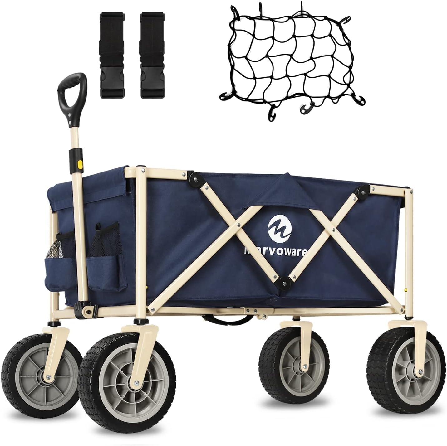 Marvoware Collapsible Wagon Carts Heavy Duty Foldable Beach Cart with Big and All-Terrain Wheels, Large Capacity Folding Wagon Cart, Securing Mesh and Straps Included