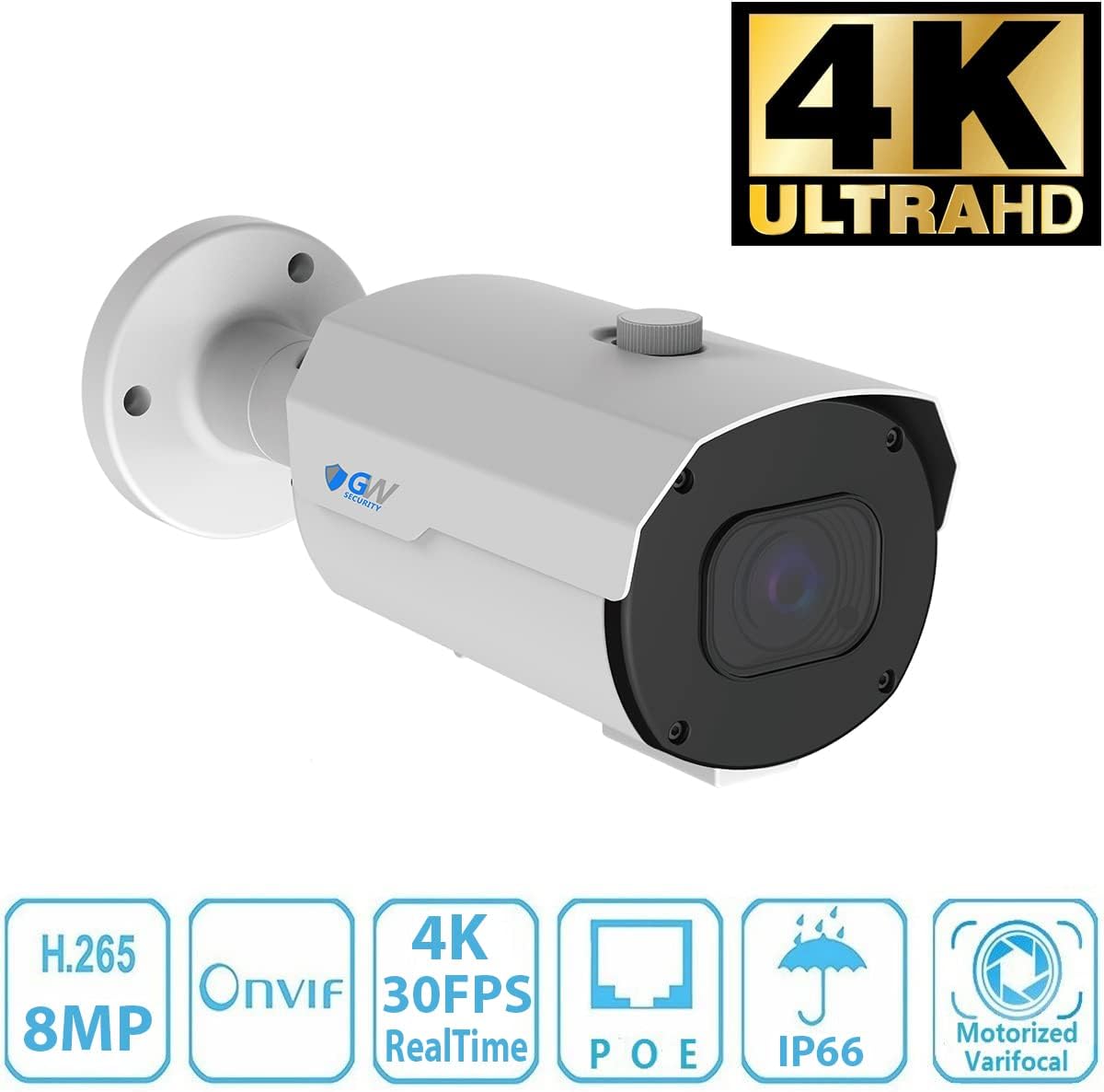 GW 4K (3840x2160 @30fps Real-time) 5X Optical Motorized Zoom Outdoor 8MP Bullet PoE IP 8 Channel Security Camera System, 130FT Night Vision, AI Facial Recognition/Human/Vehicle Detection (8 Cameras)