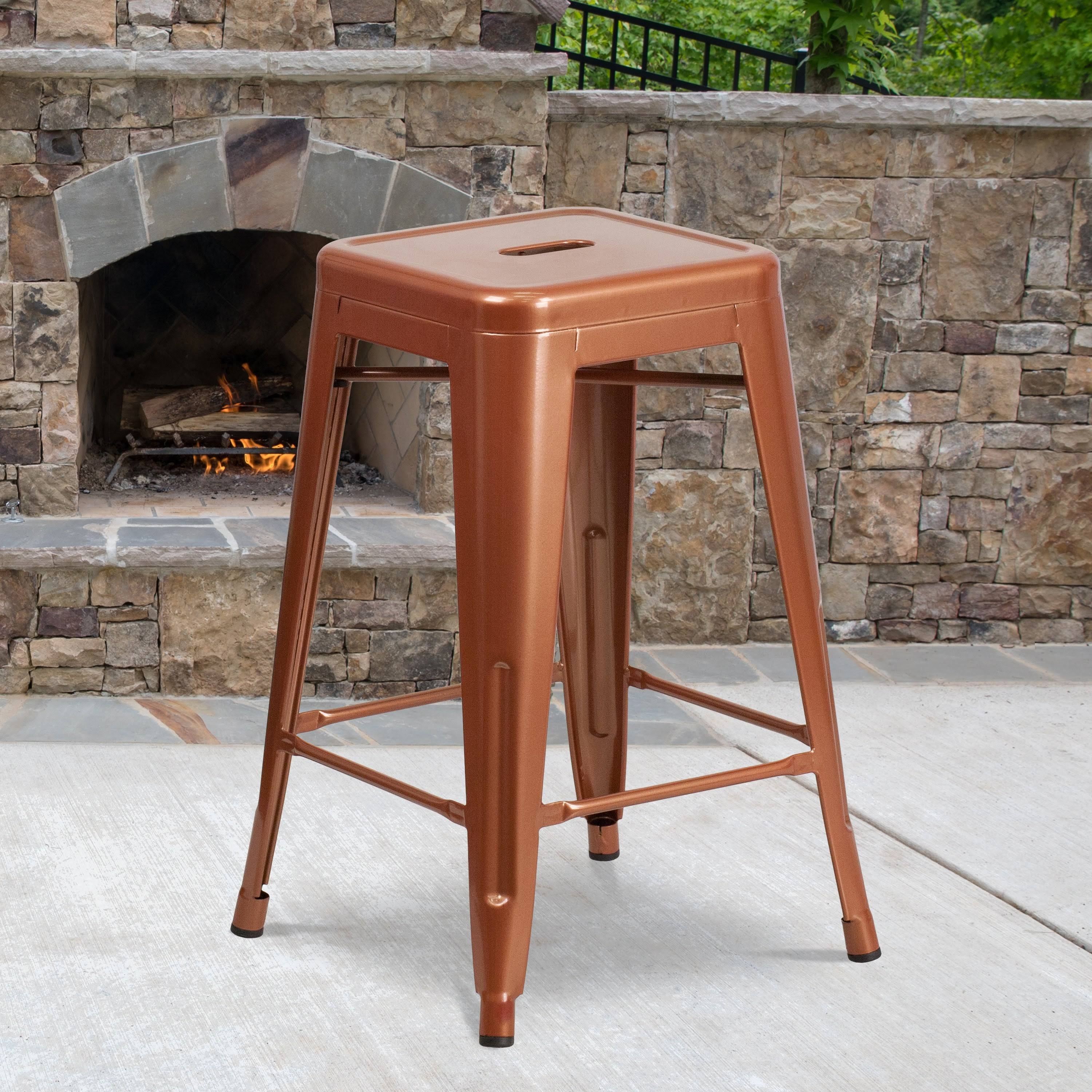 Backless Metal Indoor-Outdoor 24-Inch Counter Height Square Stool - Copper