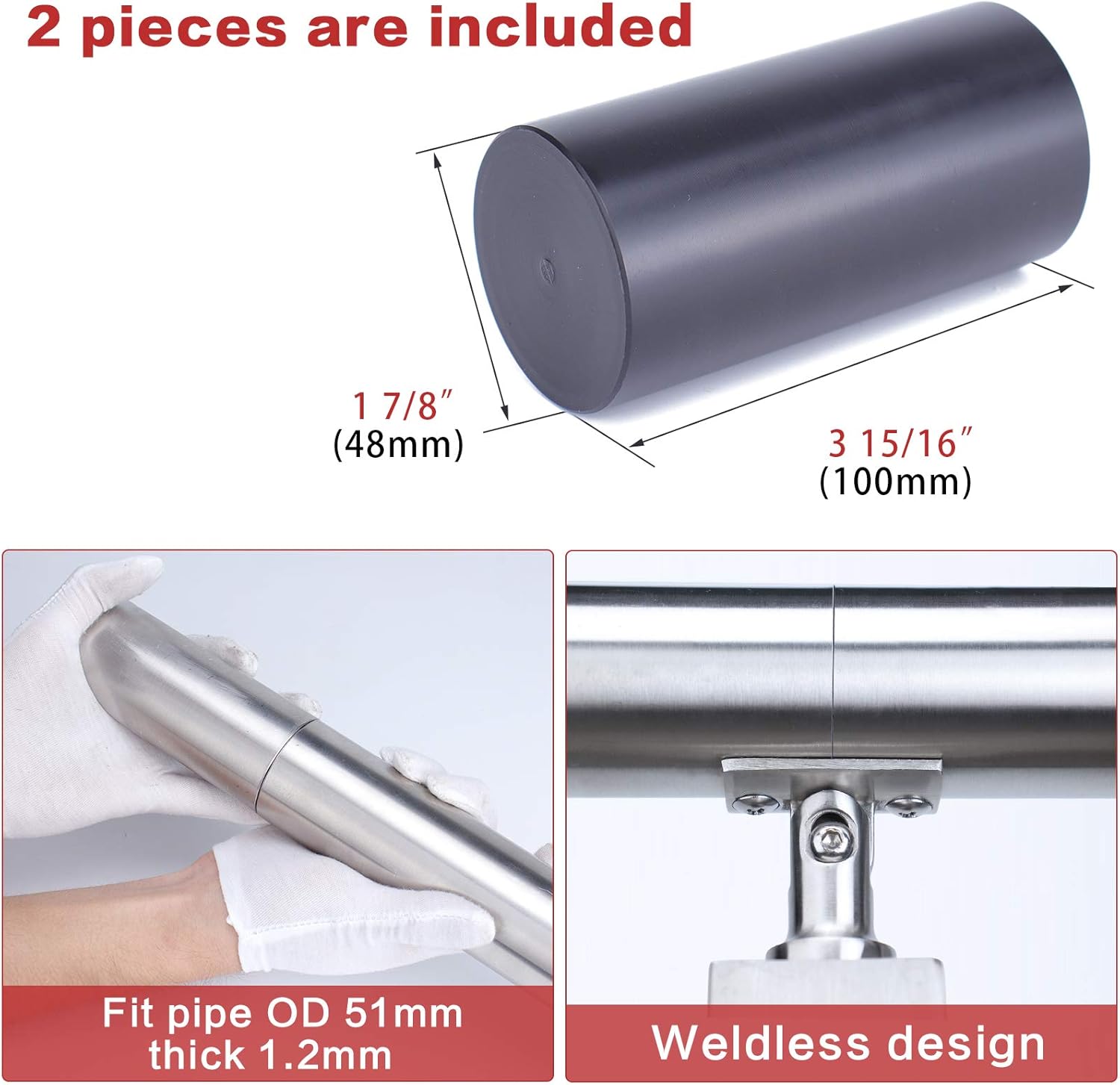 Muzata 2Pack Weldless Handrail Connector High Strength POM Black Internal Spline for Straight 51mm Round Stainless Steel, Aluminum Top Rail Deck, Stair, Cable Railing HA03 BNP,HC1 HR0