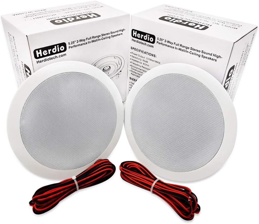 Herdio Home Audio Package Wall Mount Control Bluetooth Amplifier Receiver System with 300Watt in Ceiling Wall Passive Speakers Perfect for Home Theater Office Bathroom Kitchen Living Room (A Pair)