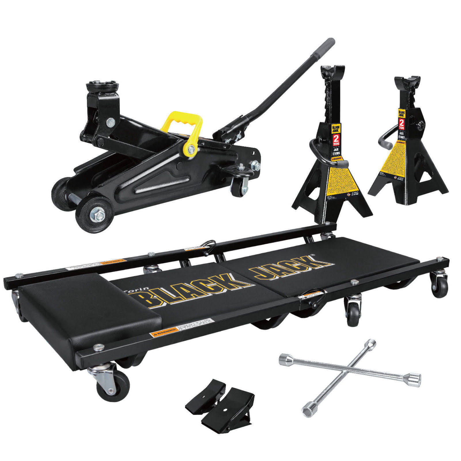 Blackjack 2 Ton Combo Kit Jack Stands Creeper Trolley Jack Lug Wrench Anti-Skid Chocks