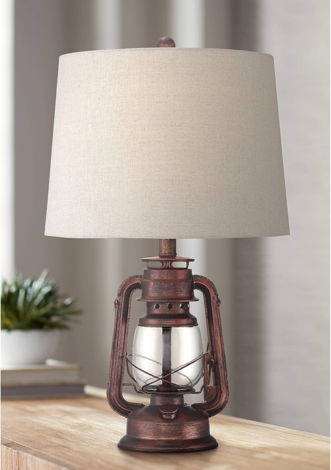 Murphy Industrial Rustic Accent Table Lamp Miner Lantern Weathered Bronze Metal Clear Glass Oatmeal Fabric Drum Shade Decor for Living Room Bedroom House Bedside Nightstand - Franklin Iron Works