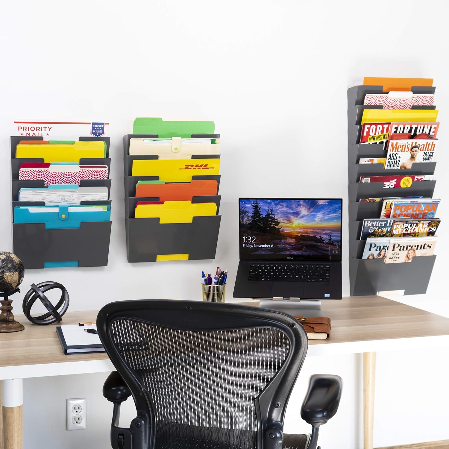 Gray Wall Mount Steel Vertical File Organizer Holder Rack 10 Sectional Modular Design Wider Than Letter Size 13 Inch Multi-Purpose Organize Display Magazines Sort Files and Folders Pack of 2