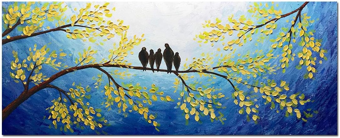 Yotree Paintings, 24x60 Inch Paintings 5 Birds inhabit trees Oil Hand Painting 3D Hand-Painted On Canvas Abstract Artwork Art Wall Decoration Large Size Frame Ready to Hang