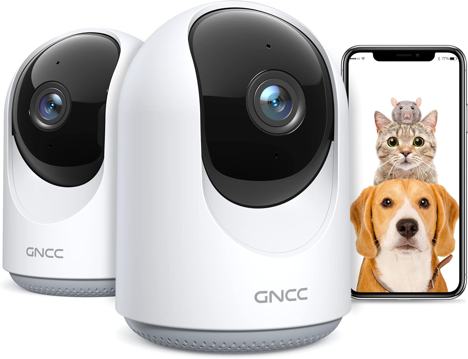 Pet Camera with Phone APP, GNCC Indoor Camera for Baby/Pet/Security(2 Pack), Wi-Fi Camera with Motion/Sound Detection, SD&Cloud Storage, 2-Way Audio, Horizontal Remote, Manual Up and Down