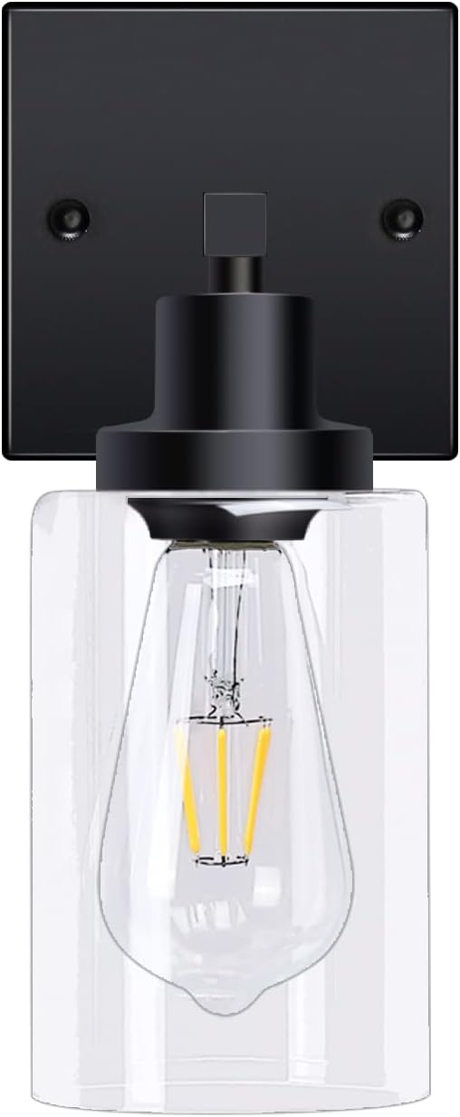 CWarmozy Bathroom Vanity Light 2 Lights, Matte Black Vintage Wall Sconces, Modern Wall Light with Clear Glass Shade and Metal Base, Industrial , Hallway, Kitchen, Wall Lamp Fixture