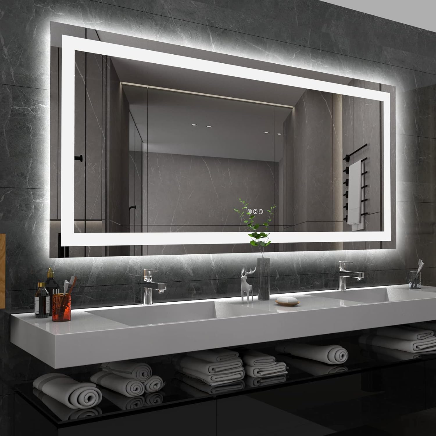 Amorho LED Bathroom Mirror 72x 36 - Dimmable WallMirrors with Anti-Fog, Memory, 3 Colors, Double LED Lights (Backlit + Front-Lighted )