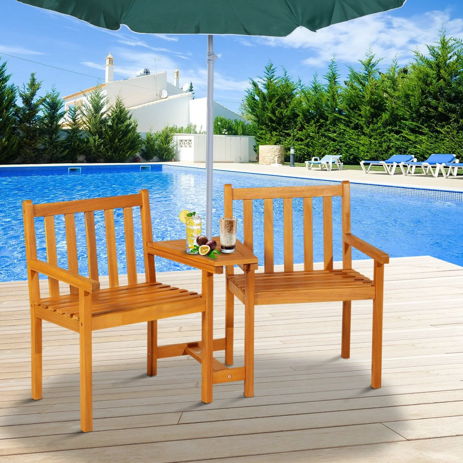 Outsunny Acacia Wood Outdoor Slatted Tete A Tete Bench Chair with Umbrella Hole