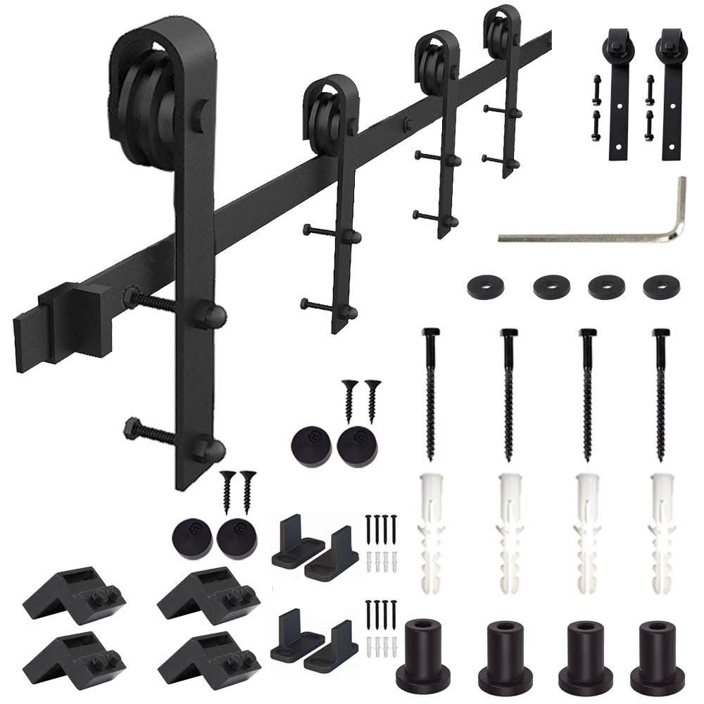 Winsoon GCM1880 12 ft./144 in. Frosted Black Sliding Barn Door Hardware Track Kit for Double Doors with Non-Routed Floor Guide