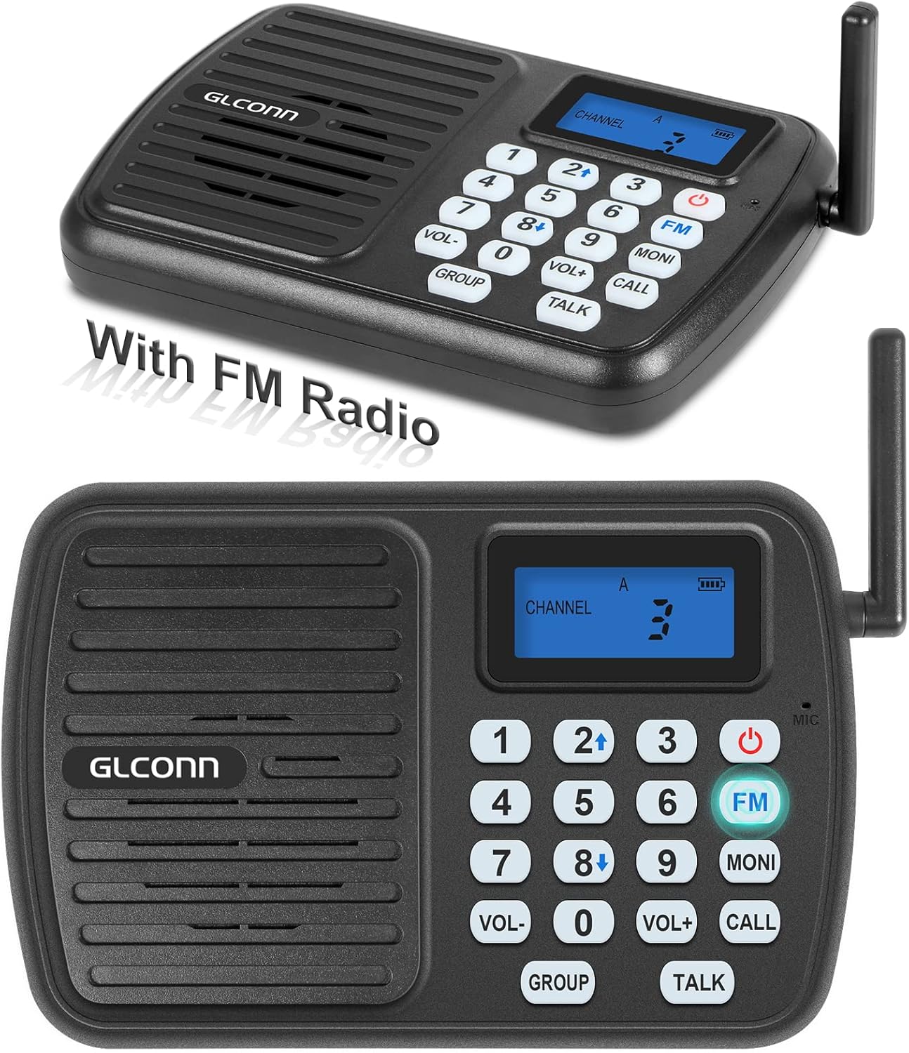 Intercoms Wireless for Home - GLCONN 1.1 Mile Range Wireless Intercom System with Best Reception FM Radio, LCD Display - 10 Channel 3 Code Room to Room Intercom for House Business Office - 2 Pack
