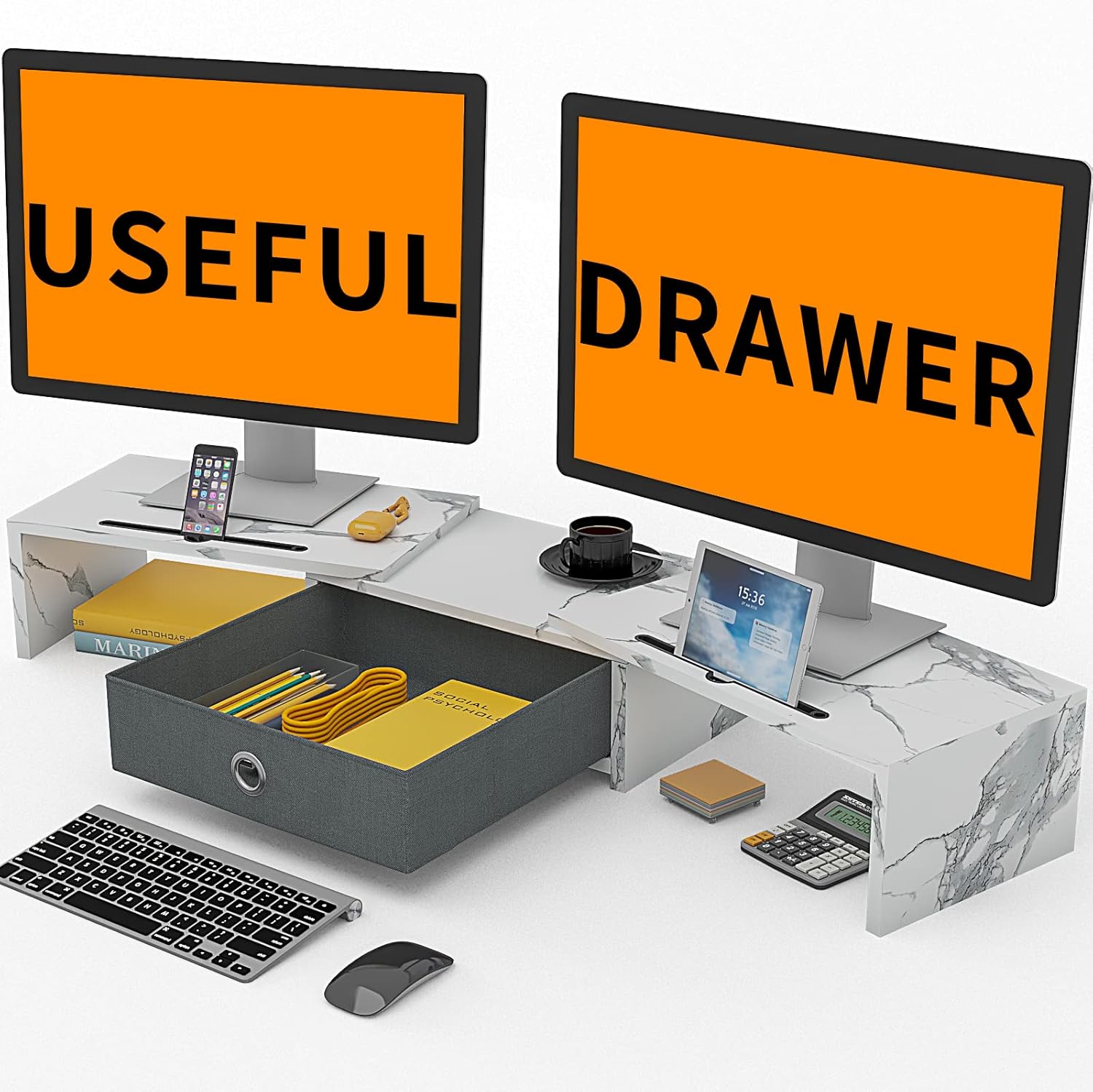 Dual Monitor Stand Riser with Drawer - 3 Shelf Screen Laptop Stands, 2 Phone Hold, Monitor Riser for Printer, PC, TV, Monitor Stands for 2 Monitors Pack of 2