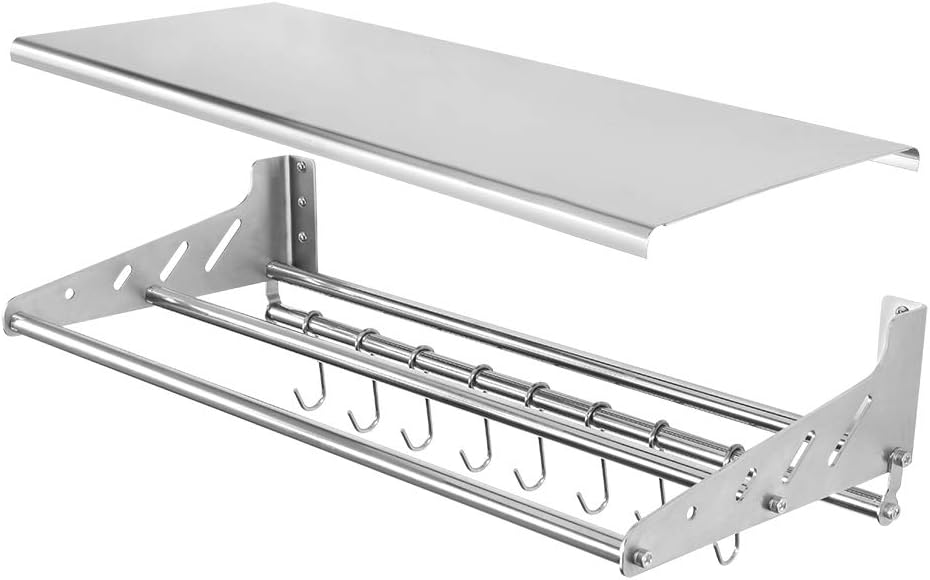 Stainless Stell Wall Mount Shelf with Hooks 304 Bathroom Kitchen Commercial Shelf Rack Restaurant Bar Multifunctional Storage Shelf (10.63, 31.5)