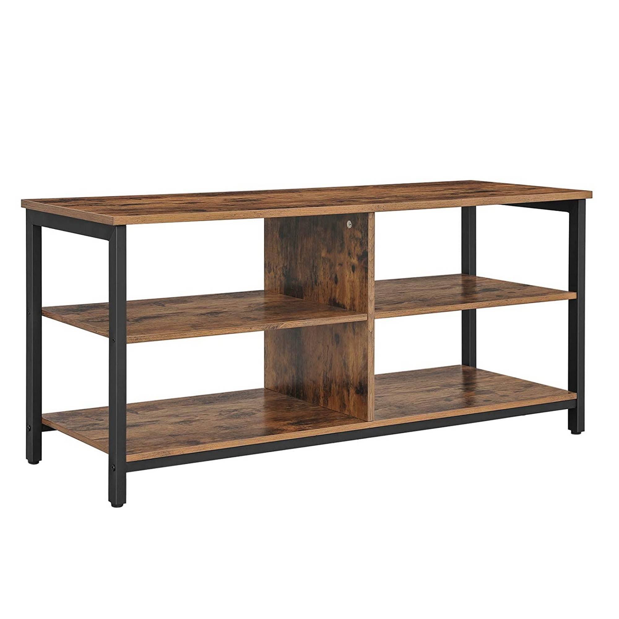 43 Inches Wood and Metal TV Stand with 4 Shelves, Brown and Black
