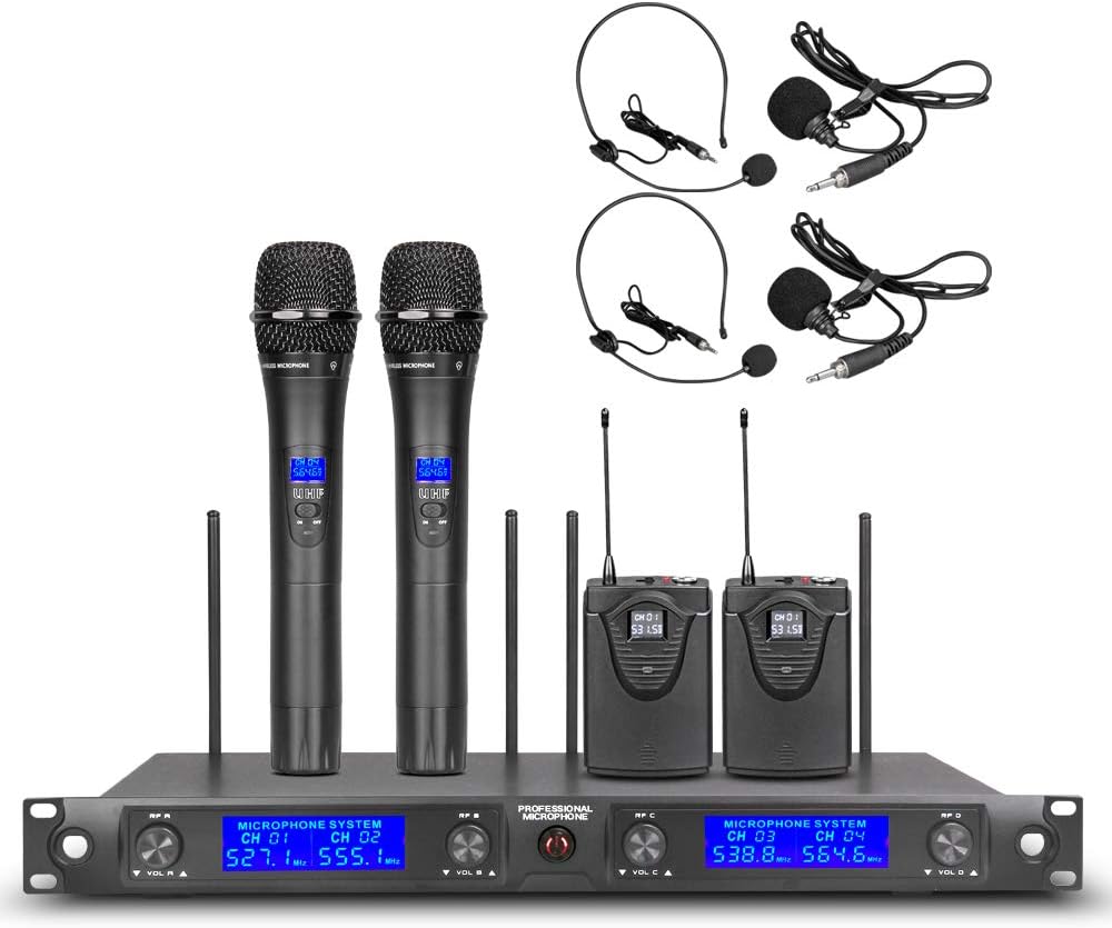 4 Channel Wireless Microphone System UHF 2 Handheld Transmitter 2 Headset Lavalier Lapel Mic 2 Bodypacks Whole Metal Dynamic Micswith New FCC Frequency for Party Wedding Church Conference Speech