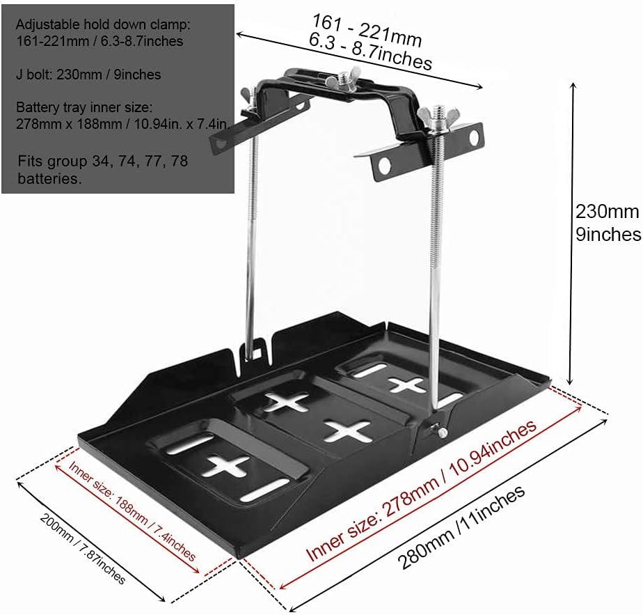 THEPRO Battery Hold Down Tray Kit, Corrosion-Resistant Steel Storage Battery Holder Adjustable Bracket Clamp for Car, Boat, Marine (23cm Bolt with 28cm Battery Tray)