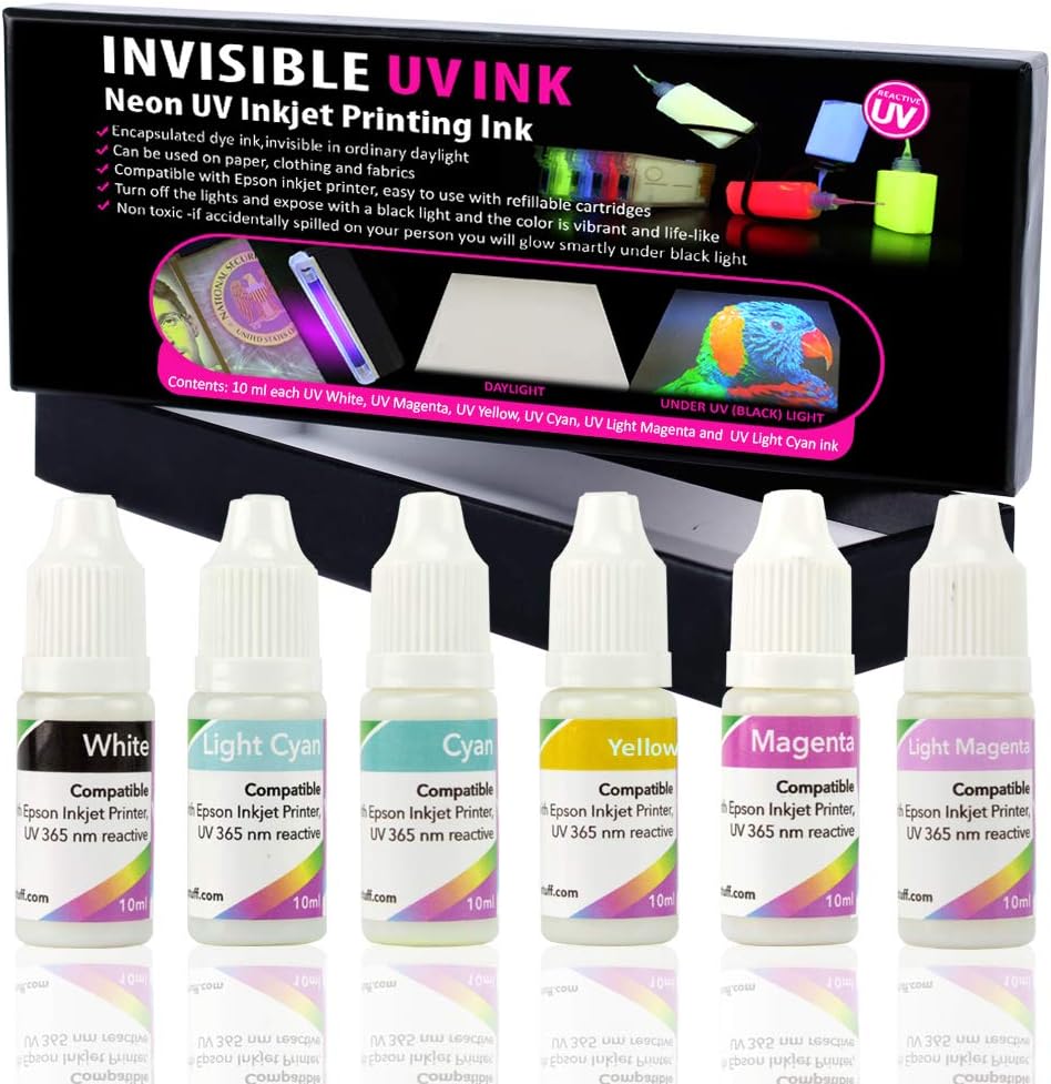Invisible UV Ink 6 Colors Set for Inkjet Printers, 10 ml/Color blacklight Invisible uv Printer Ink Pack of 2