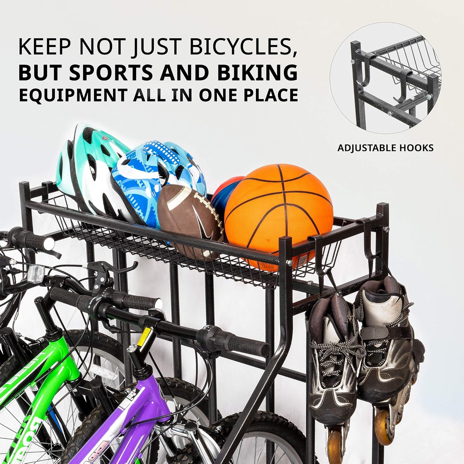 Bike Storage Rack for Garage, 3 Bicycle Floor Parking Stand, Free Standing Bike Rack and Sports Organizer for Road, Mountain, Hybrid or Kids Bikes