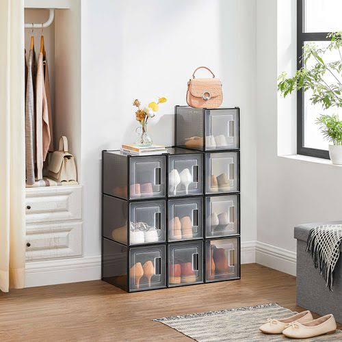 SONGMICS Plastic Shoe Boxes, Tall Shoe Storage Organizers for High Heels, Pack of 10, Black