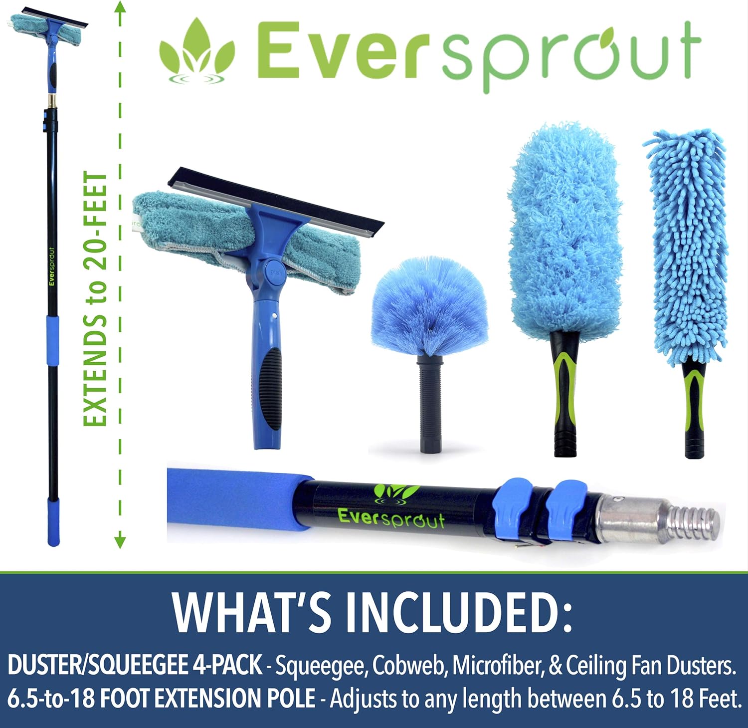 EVERSPROUT 7-to-20 Foot 4-Pack Duster Squeegee Kit with Extension-Pole (25+ Foot Reach) | Swivel Squeegee, Hand-Packaged Cobweb Duster, Microfiber Feather Duster, Ceiling Fan Duster, Telescopic Pole