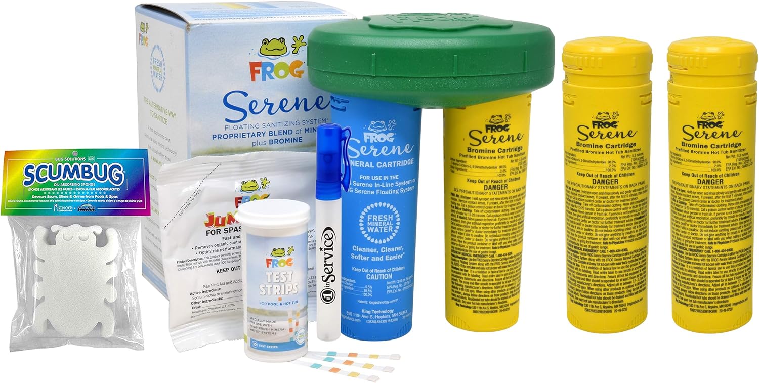 SPA FROG Serene Floating System for Hot Tubs, Serene Floating System Start Up Kit, 2 Bromine Cartridges, Frog Jump Start Shock and Test Strips, Scumbug Oil Absorbing Sponge, Hand Sanitizer Pack of 2