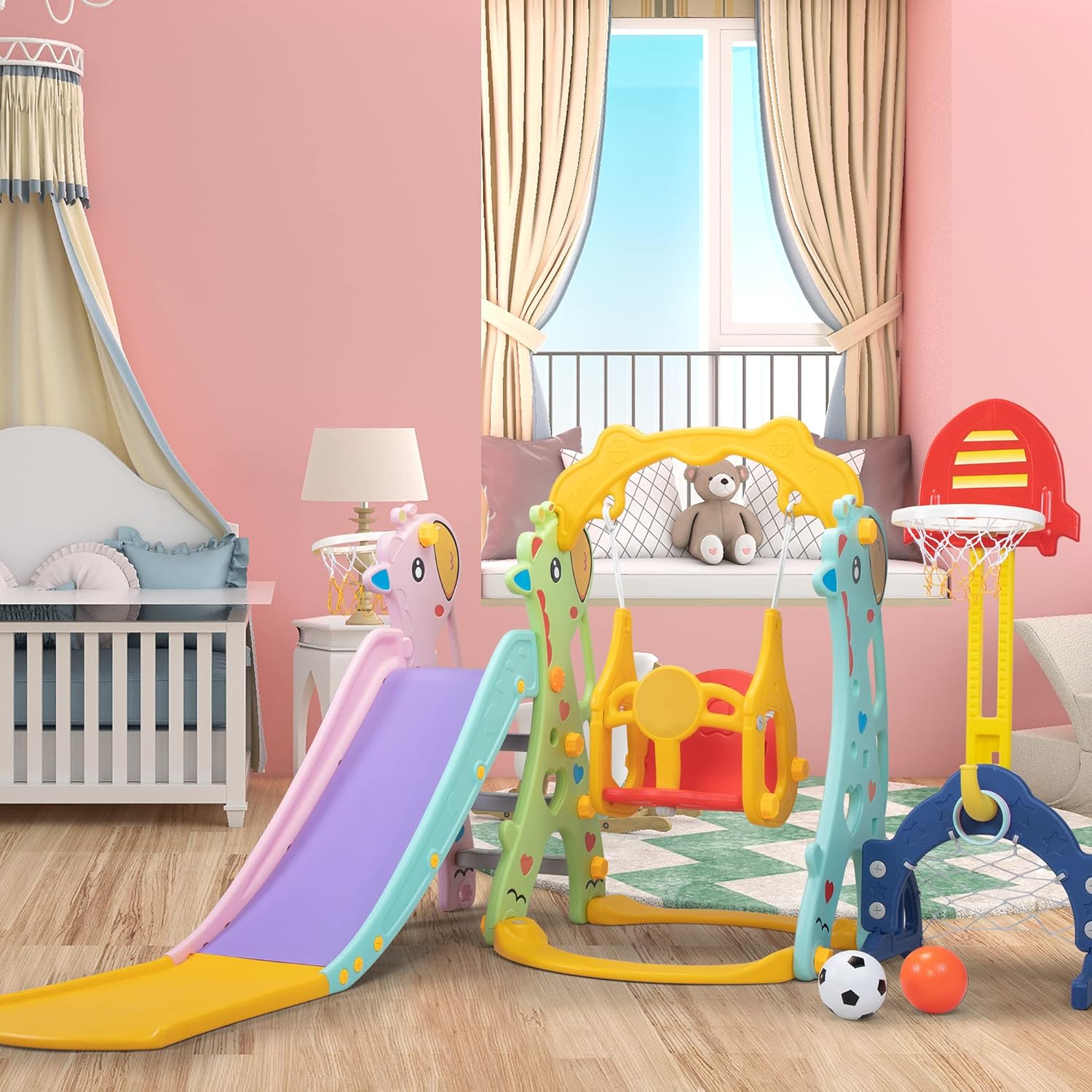 5 in 1 Toddler Slide and Swing Set Indoor Playground Play Freestanding Climber Toy Ball Outdoor Activity Center Kids Playsets for Backyard, Basketball Hoop, Football Gate, Ringtoss Kit, Green