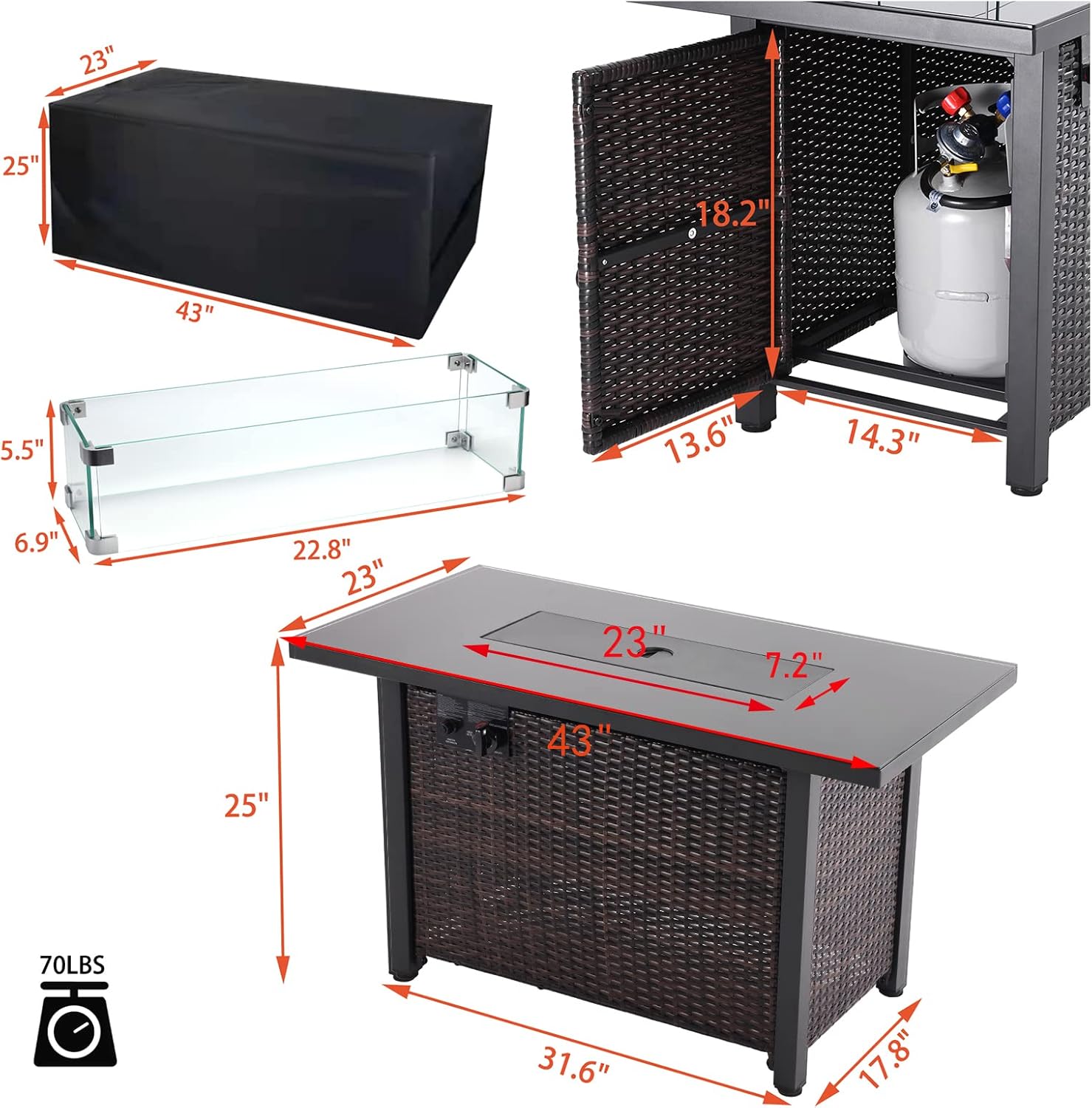 CUREALLSO Propane Gas Fire Pit Table, 43 Inch 50,000 BTU Rattan Look Auto-Ignition Outdoor Fire Tables, with Glass Wind Guard ,Waterproof Cover,CSA Approved for Garden Patio Backyard Deck Poolside