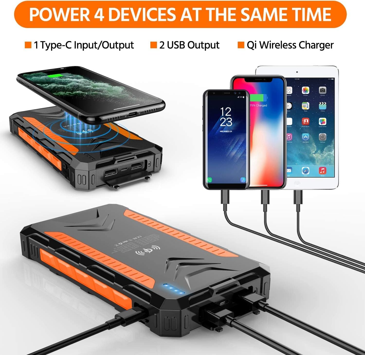 Solar Power Bank 38800mAh, Solar Charger,Portable Charger, Outputs 5V/3A High-Speed & 2 Inputs Huge Capacity Phone Charger for Smartphones, IP66 Rating, Strong Light LED Flashlights(Orange)
