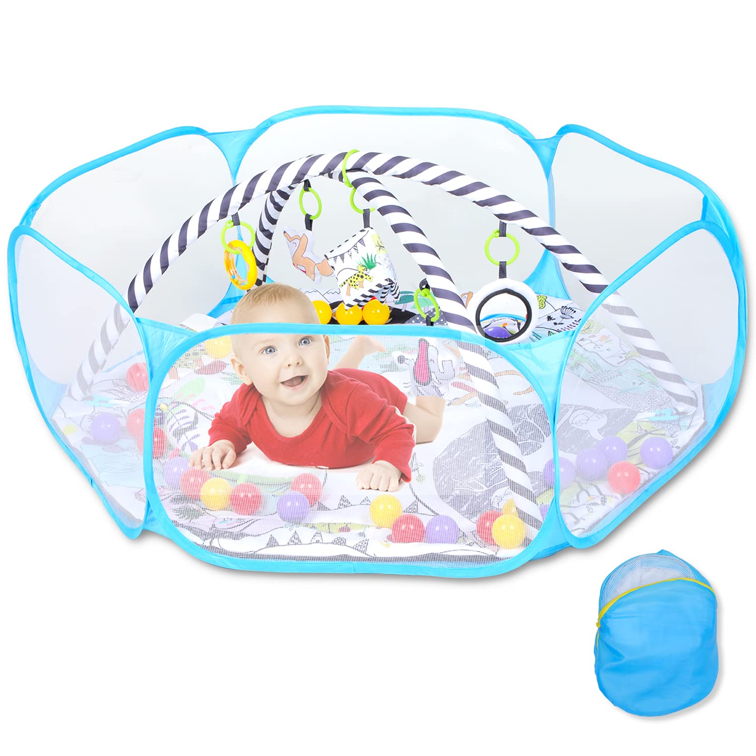Baby Play Gym, Caromolly Baby Activity Gym & Play Mat, 4-in-1 Developmental Activity Gym & Ball Pit to Promote Sensory Exploration and Motor Skill for Baby to Toddler Pack of 2