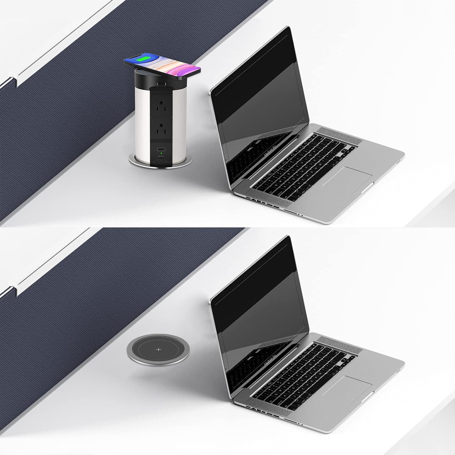 Automatic Pop up Power Grommet with Wireless Charger,Pop up Power Strip USB C Port for Countertop,Space Saver Pop up Counter Outlet with 6 USB, 4 Outlets,for Office,Workshop,Kitchen Counter Island