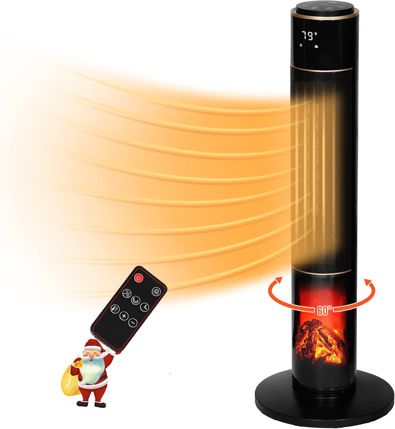 Space Heater for Large Room, 34 In Tower Space Heater with Realistic 3D Flame Effect, Sunday Living 1500W Electric Ceramic Heater with Remote Control, Adjustable Thermostat, Oscillation, Over Heating & Tip-over Protection, 12H Timer, for Home Office