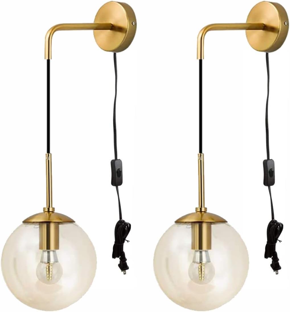 KCO Modern Globe Wall Sconce with Plug in Industrial Vintage Wall Lamp On/Off Switch Minimalist 1-Light Mounted Lamps for Bedroom Living Room Corridor (Clear & 2-Pack)