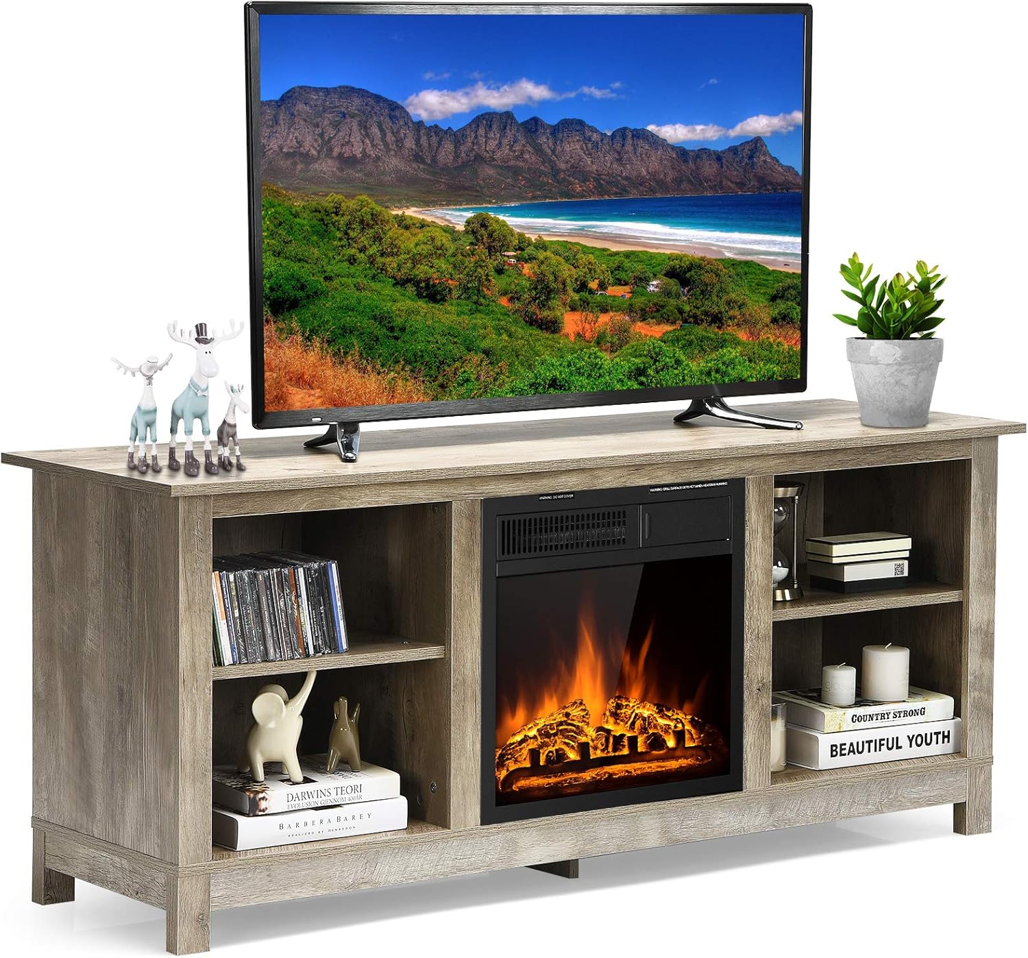 Tangkula Fireplace TV Stand for TVs up to 65 Inches, 58 Inches Media Console Table w/ Fireplace, 1500W Electric Fireplace Stove TV Storage Cabinet w/Remote Control, Adjustable Brightness & Heat