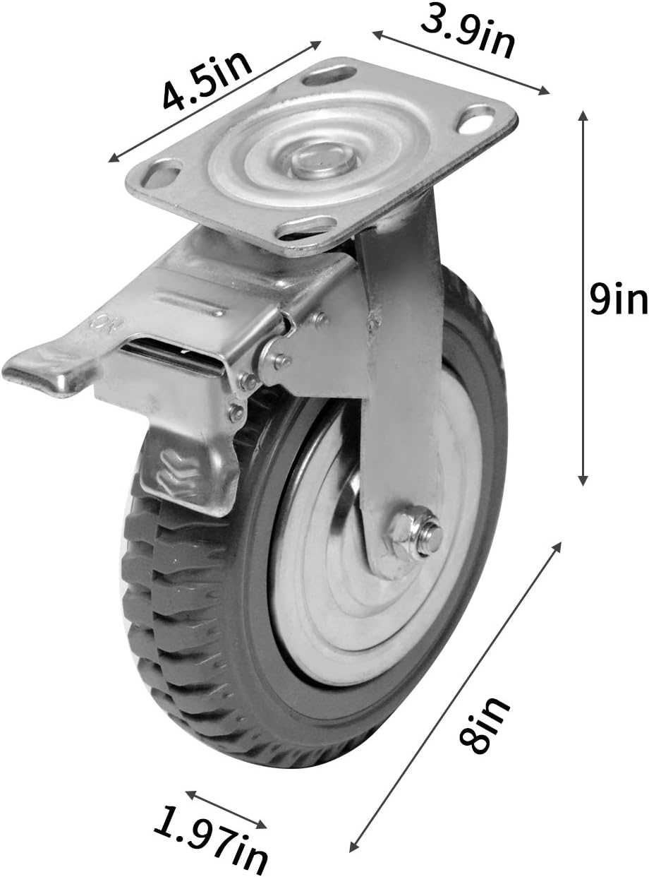 Nisorpa 4 Pack Heavy Duty Caster Wheels 8 inch Anti-Skid Rubber Swivel Plate Caster with 360 Degree Ball Bearing -2PCS Locking Swivel Casters +2PCS Fixed Caster Wheels