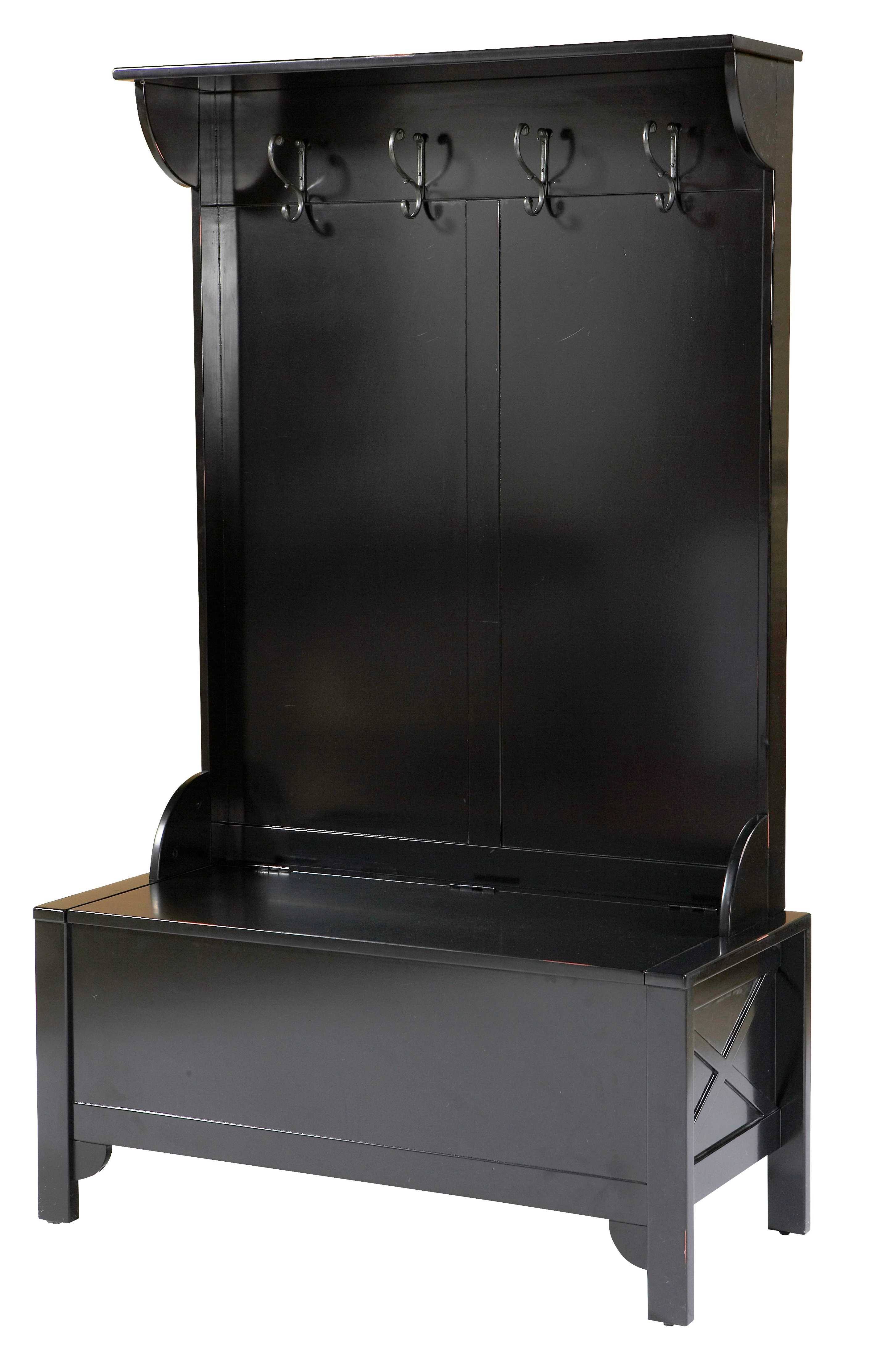 Benzara BM16799 Wooden Hall Tree with Spring Loaded Lid and Four Metal Hooks Black