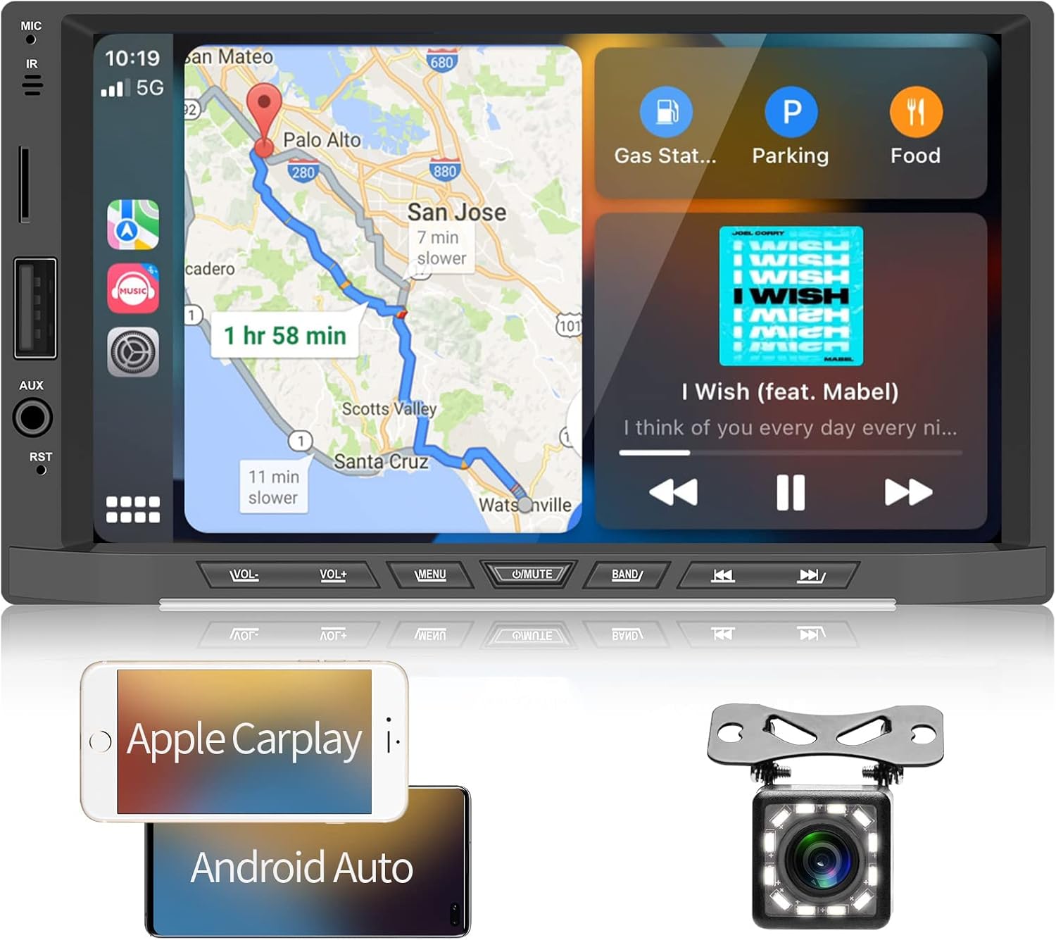 Carplay & Android Auto Double Din Car Stereo with 7&rdquo; HD Capactive Touchscreen Head Unit 12 LED Backup Camera Car Radio Support Mirror Link, Bluetooth, FM/USB/TF/Aux-in/RCA Steering Wheel Control